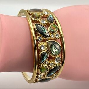 Beautiful Gold Tone Abalone Shell & Crystal Hinged Cuff Bracelet